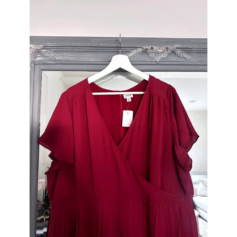NWT J. Crew Pleated Midi Faux Wrap Dress V-Neck Short Sleeves Raspberry 24